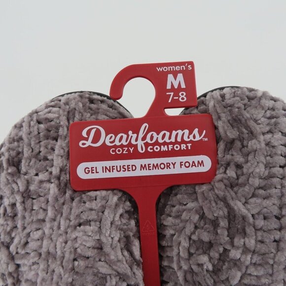Dearfoams Women Medium 7-8 Grey Chenille Cable Knit Faux Fur Slide Slippers NEW - Picture 7 of 13